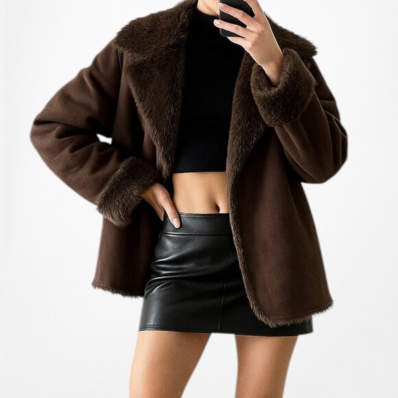 Vintage Y2K Brown Faux Fur Lined Suede Jacket Coat Cardigan Size M - Picture 1 of 7